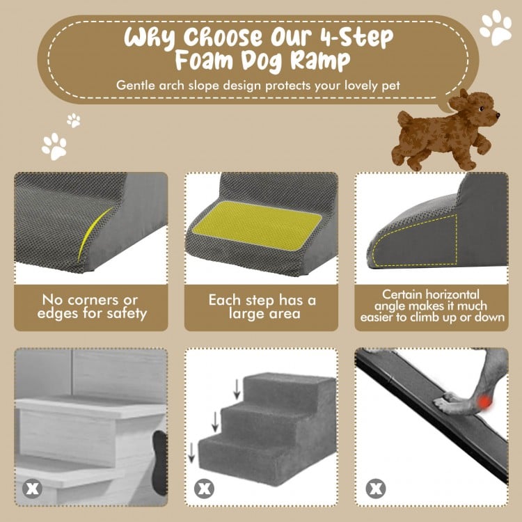 Four-step gray foam dog ramp with non-slip surface, designed for easy climbing and safety for pets with mobility issues.